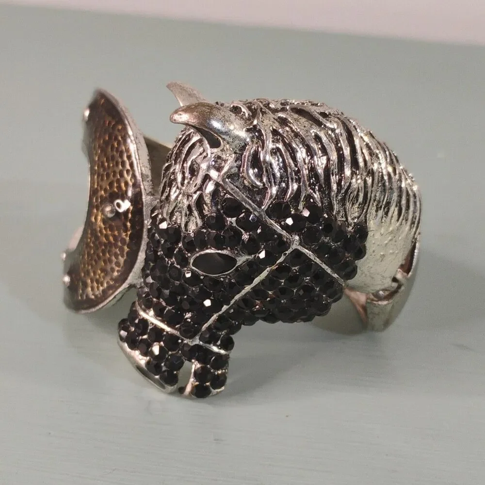 Chunky Equestrian Silver Tone Rhinestone Hinged Cuff Bracelet Horse/Horseshoe